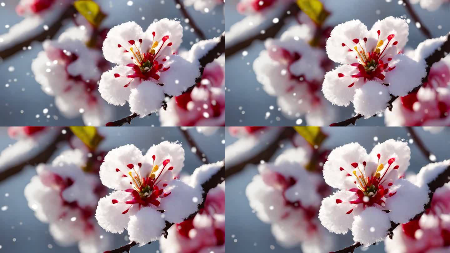 雪景 下雪 暴雪 空镜 雪中梅花盛开桃花