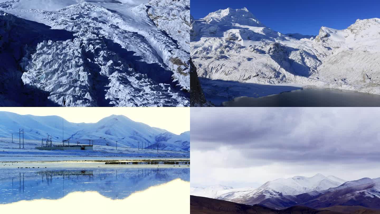 西藏雪景雪山延时湖水冰封蓝天白云大气