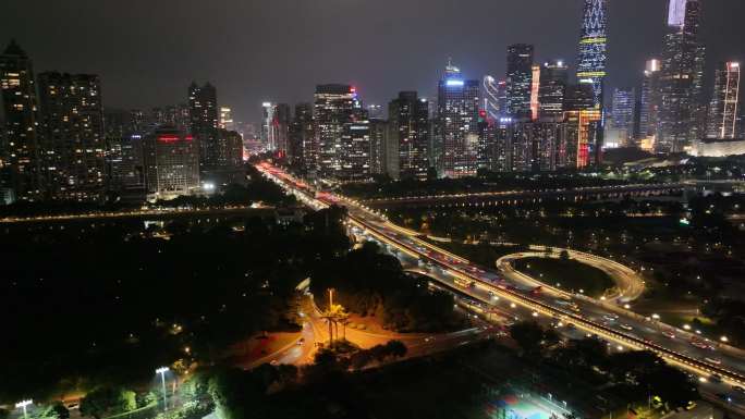 广州大桥夜景航拍车流交通广州大道夜晚车水