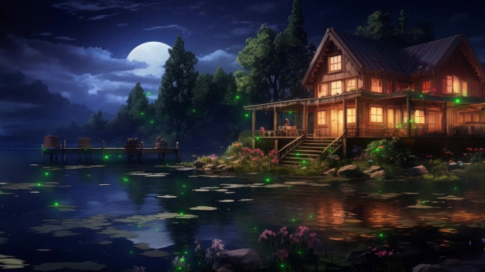 唯美夜晚河边小屋