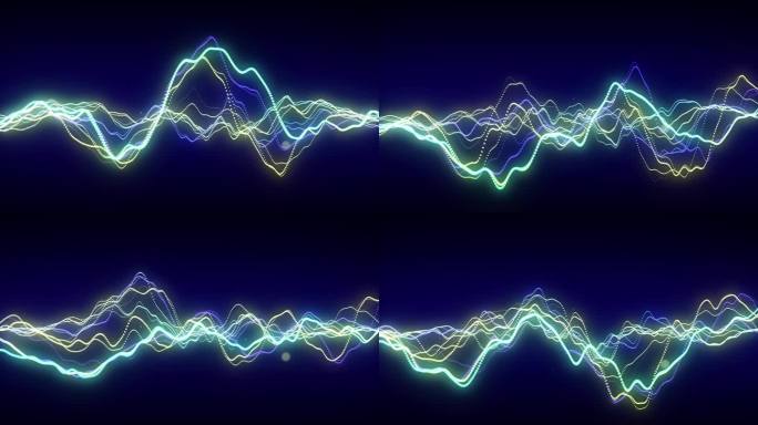 抽象动态音乐波。技术背景。带有彩色点的声音均衡器。股票，交易所或加密货币图表。3 d渲染。