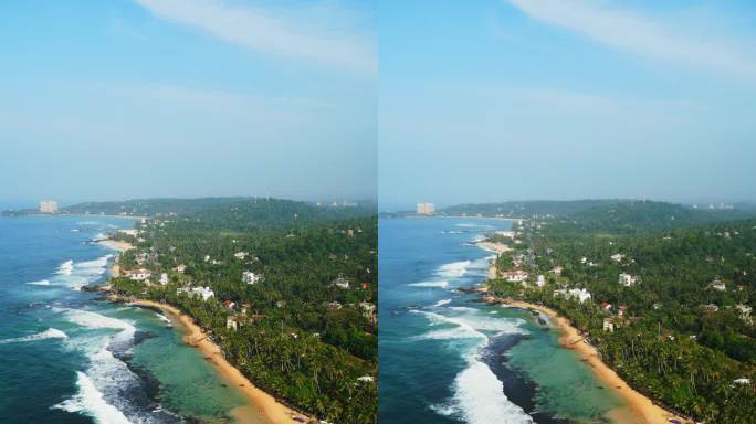 达拉韦拉海滩泻湖鸟瞰图在斯里兰卡，绿松石的海水，沙滩环绕着郁郁葱葱的绿色植物，风景如画的目的地为旅客