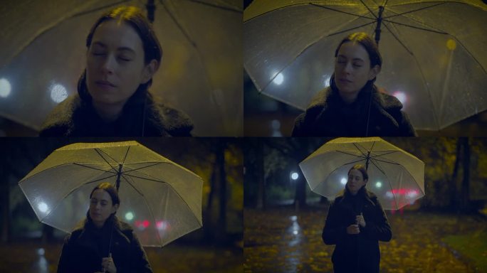 多愁善感的孤独的年轻女子在雨夜焦急地哭泣