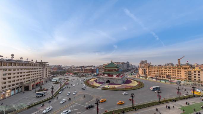 航拍西安钟楼  夜景车流延时