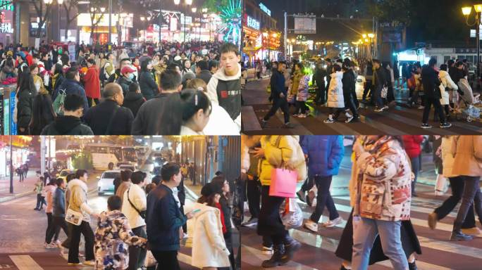 重庆小吃街过马路夜晚人群下班打工族脚步