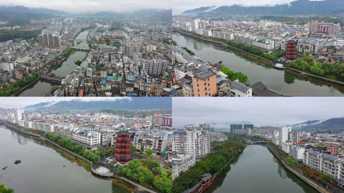 航拍蒙山县城 大景 城市风光