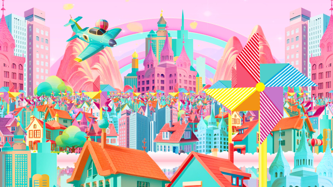 粉色浪漫儿童卡通城市舞台大屏背景音乐素材