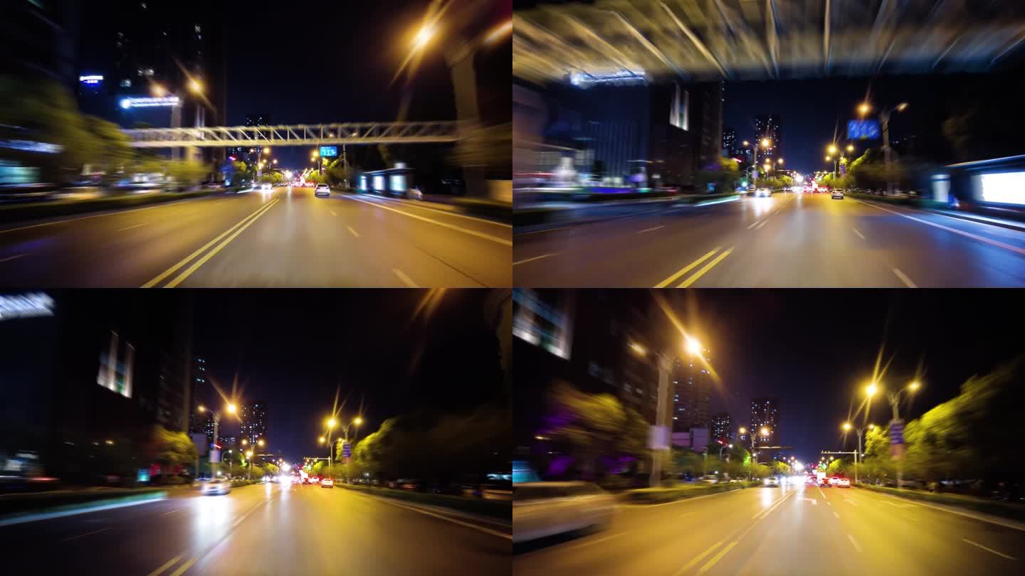 城市马路夜景汽车飙车开车第一视角