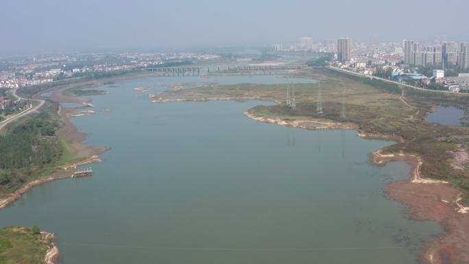 武汉新洲区举水河城市自然风景航拍