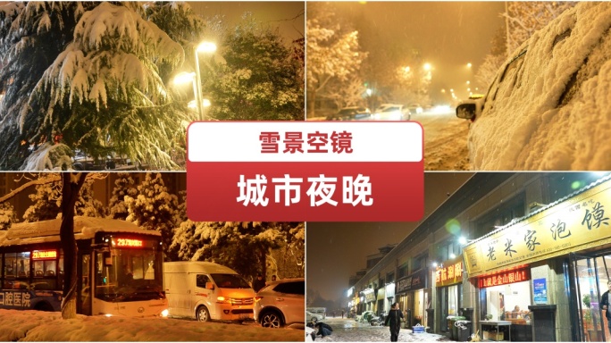 雪景空镜城市夜晚 冬天城市 路灯下的雪景