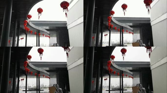 雪中的大红灯笼中国红特写节日喜庆下雪雪景