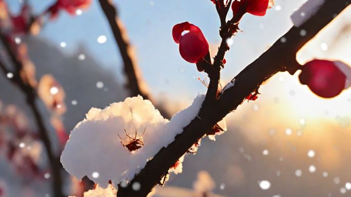 雪景 下雪 暴雪 空镜 雪中梅花盛开桃花