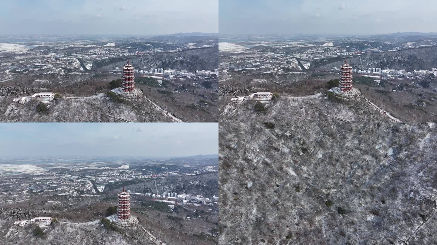 航拍襄阳古隆中风景区腾龙阁隆中山雪景风光