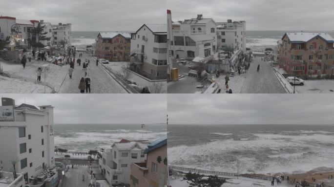 航拍威海火炬八街冬季游客雪景