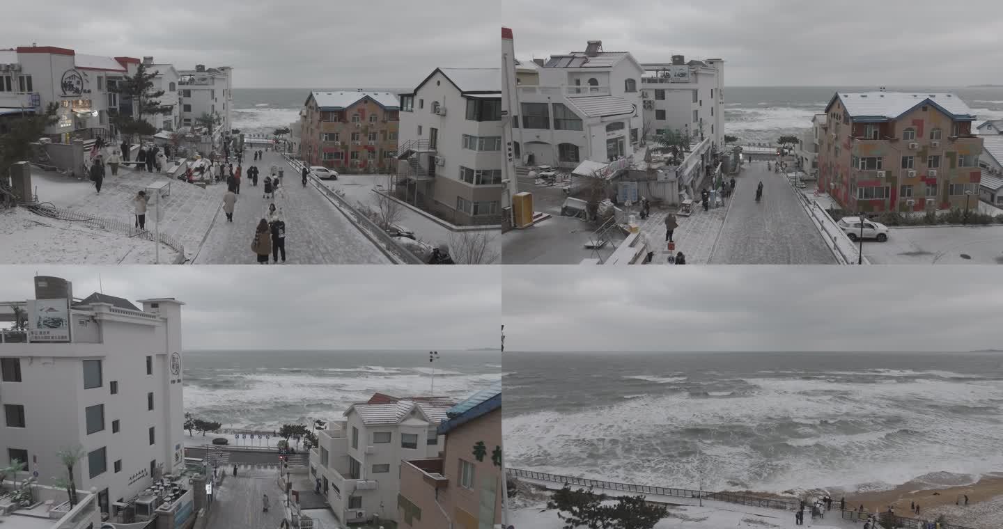 航拍威海火炬八街冬季游客雪景