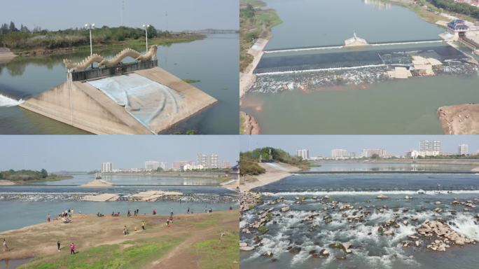 武汉新洲区举水河橡胶坝城市风景航拍