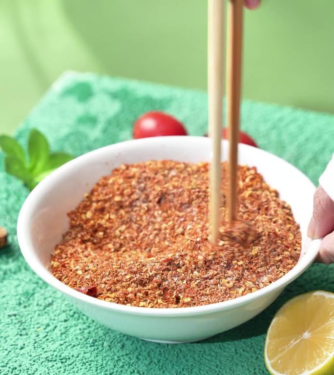筷子搅拌碗中的辣椒粉