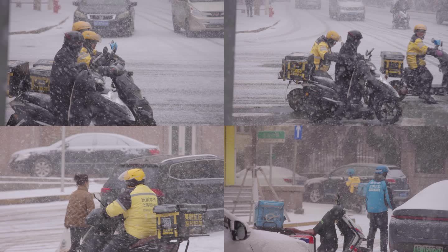 冬天大雪中的外卖小哥