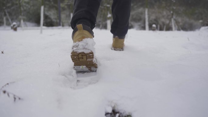 雪花雪地里 前进 脚步 特写 走路