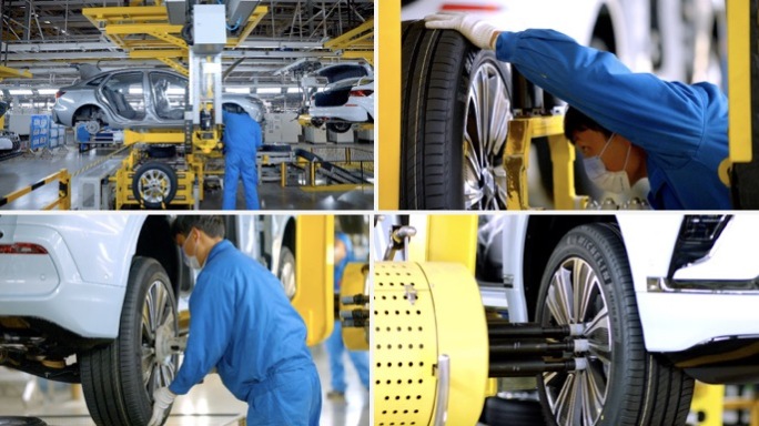 汽车工厂工人安装汽车车轮 侧面特写组镜