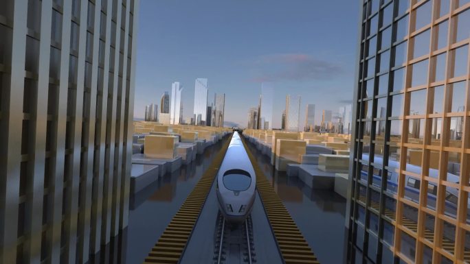 高科技列车穿梭城市三维动画