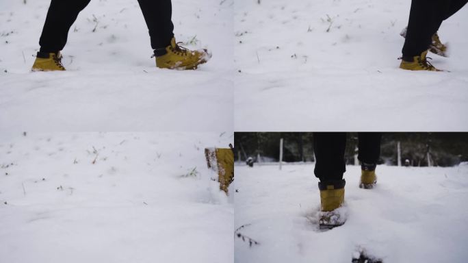 雪花雪中脚步走雪路雪中前进脚步 特写。