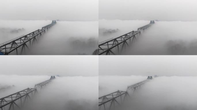 济南黄河铁路大桥浓雾航拍延时