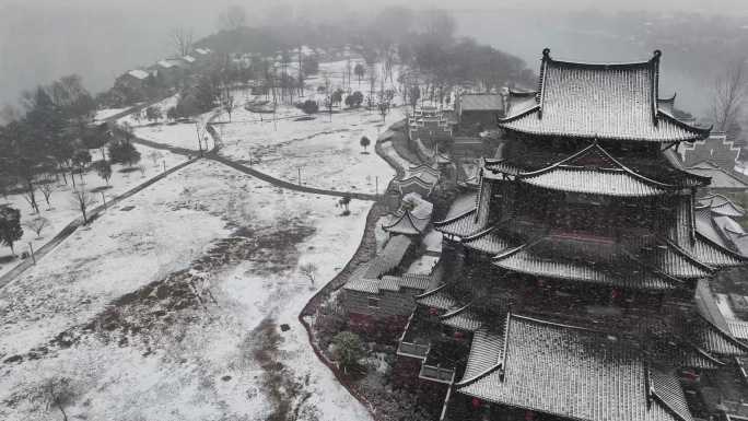 衡阳各地标雪景初雪视频4K东洲岛南湖公园