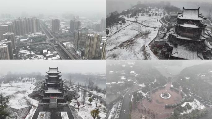 衡阳各地标雪景初雪视频4K东洲岛南湖公园