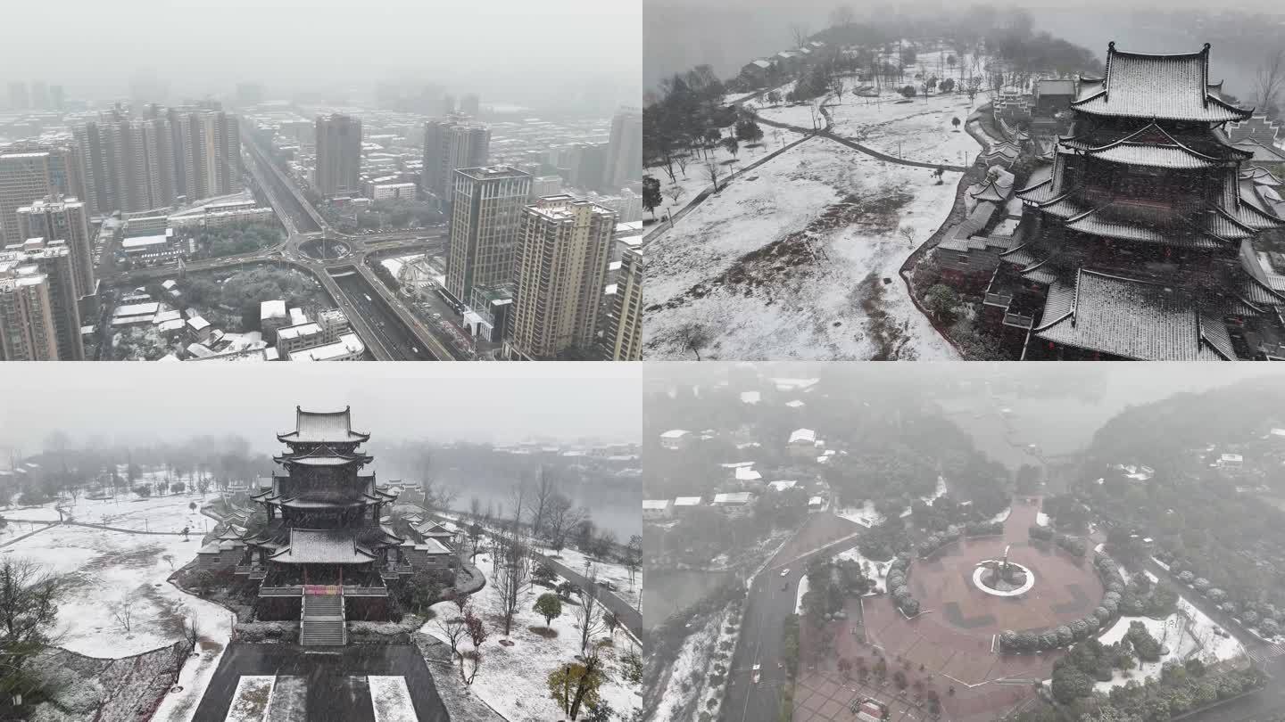 衡阳各地标雪景初雪视频4K东洲岛南湖公园