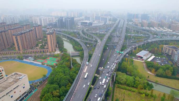 杭州上城区石德立交桥高架桥车流风景视频素