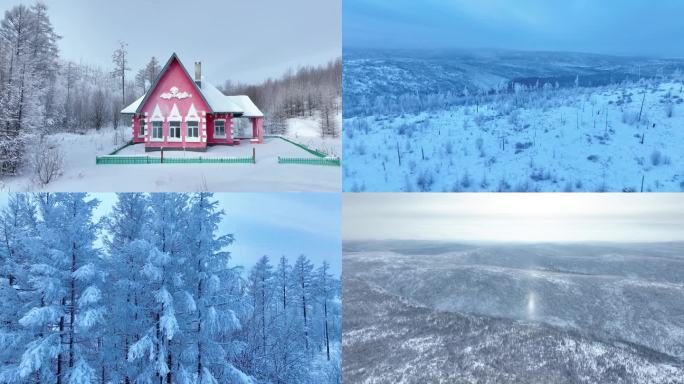 大兴安岭寒冬雾凇管护站森林冰雪道路