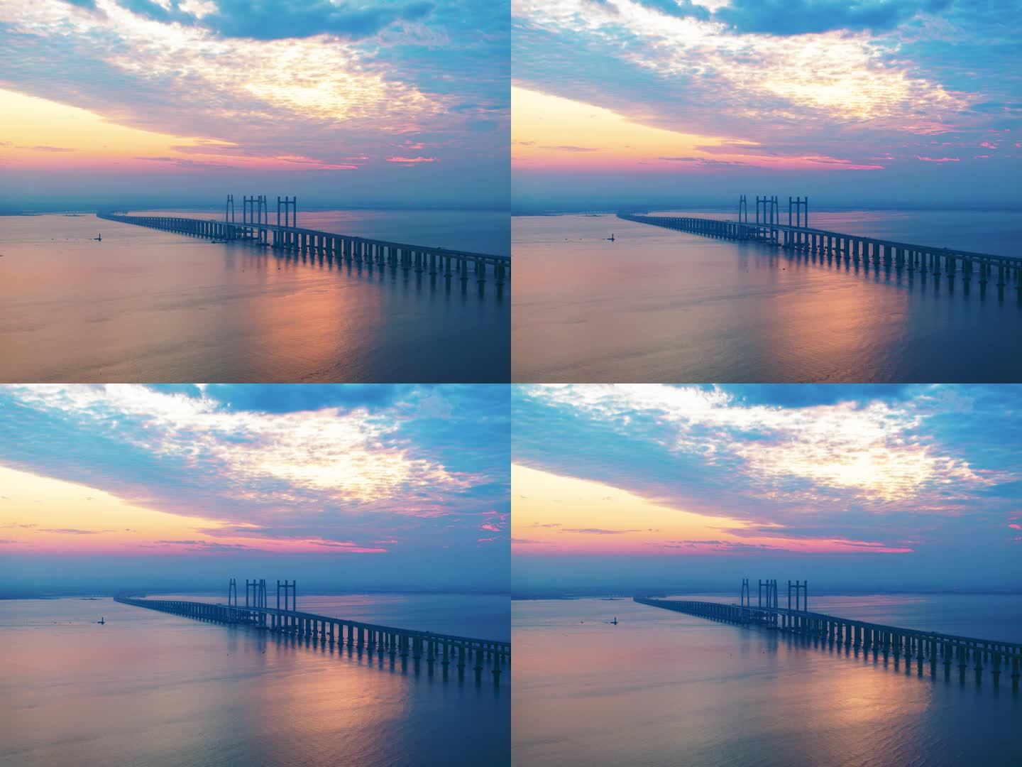 泉州湾跨海大桥晚霞火烧云船舶地标延时摄影