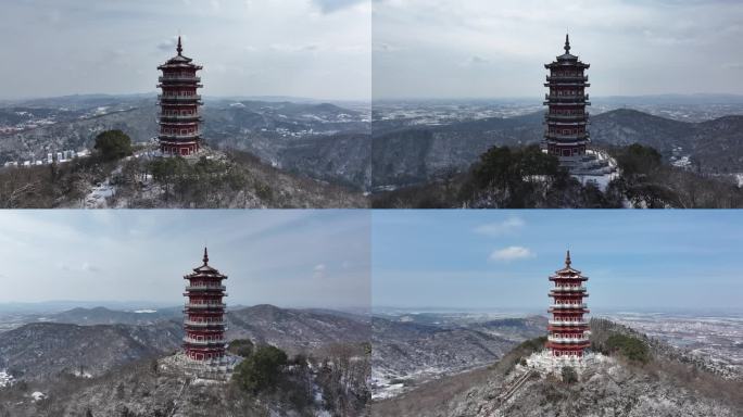 航拍襄阳古隆中风景区腾龙阁隆中山雪景风光