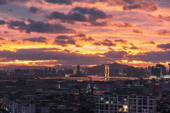 泉州晋江大桥东海泰禾世纪晚霞夜景延时摄影