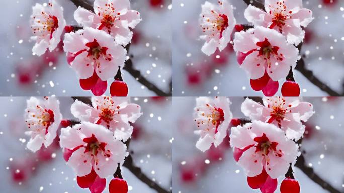 雪景 下雪 暴雪 空镜 雪中梅花盛开桃花