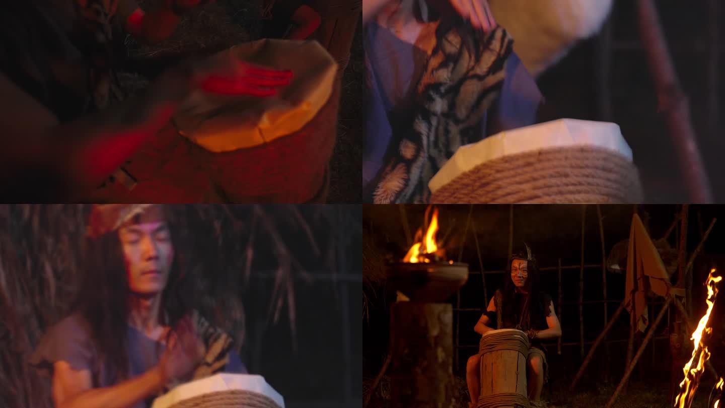 上古原始部落古人打鼓敲鼓手鼓表演演奏乐器