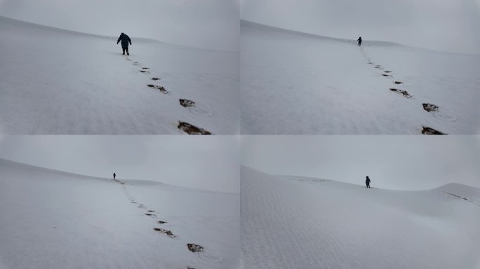 雪地 行人 脚印 远走背影 下雪 沙漠