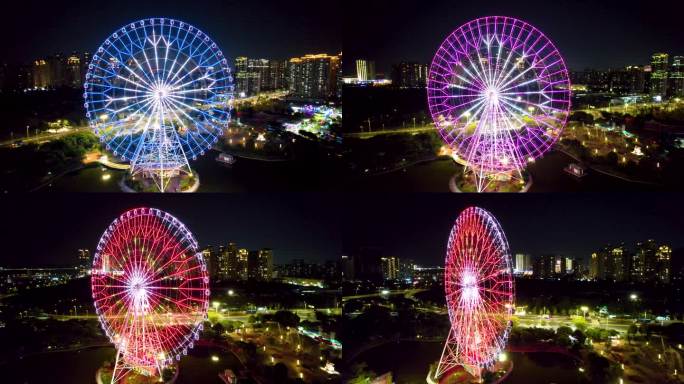 汕头城市夜景摩天轮航拍