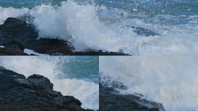海岸边涨潮掀起巨浪
