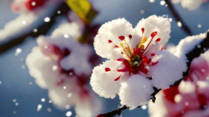 雪景 下雪 暴雪 空镜 雪中梅花盛开桃花