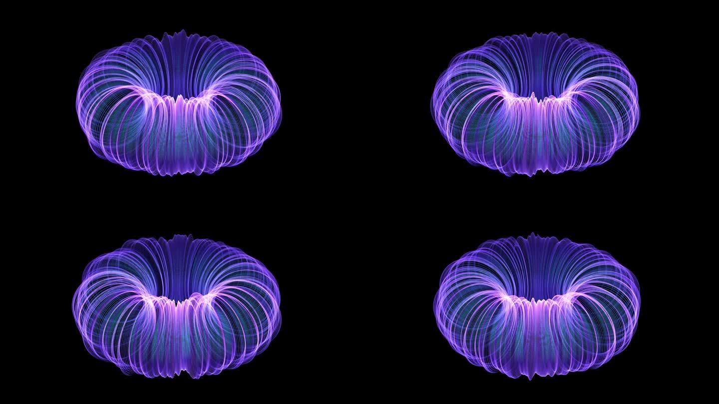 三维抽象动画:核聚变模型。电磁力线、大数据、核聚变发电概念。高能基本粒子流动。