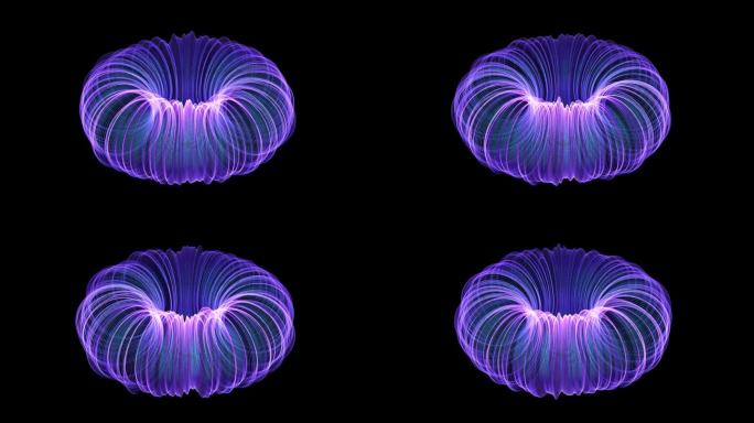 三维抽象动画:核聚变模型。电磁力线、大数据、核聚变发电概念。高能基本粒子流动。