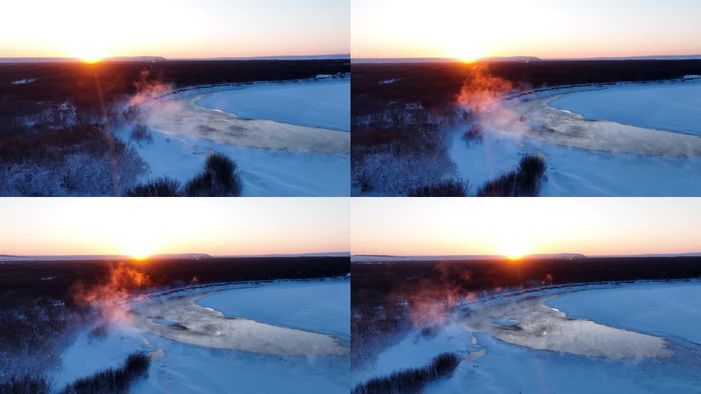内蒙古冬季风景海拉尔河湿地寒雾夕阳光影