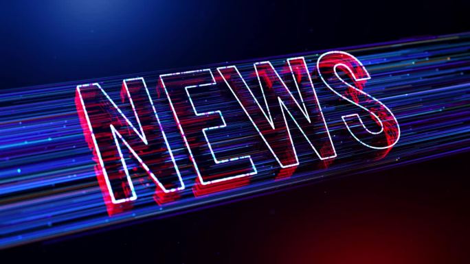 未来的蓝红色彩色模糊聚焦3d新闻文本揭示虚线和闪光尘埃粒子微风效果与光耀斑