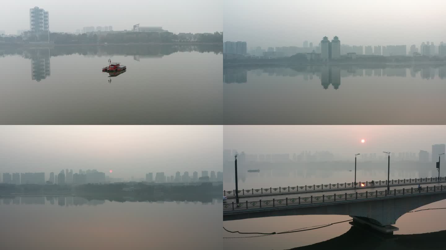 武汉洪山区南湖冬季日出晨雾城市风景航拍