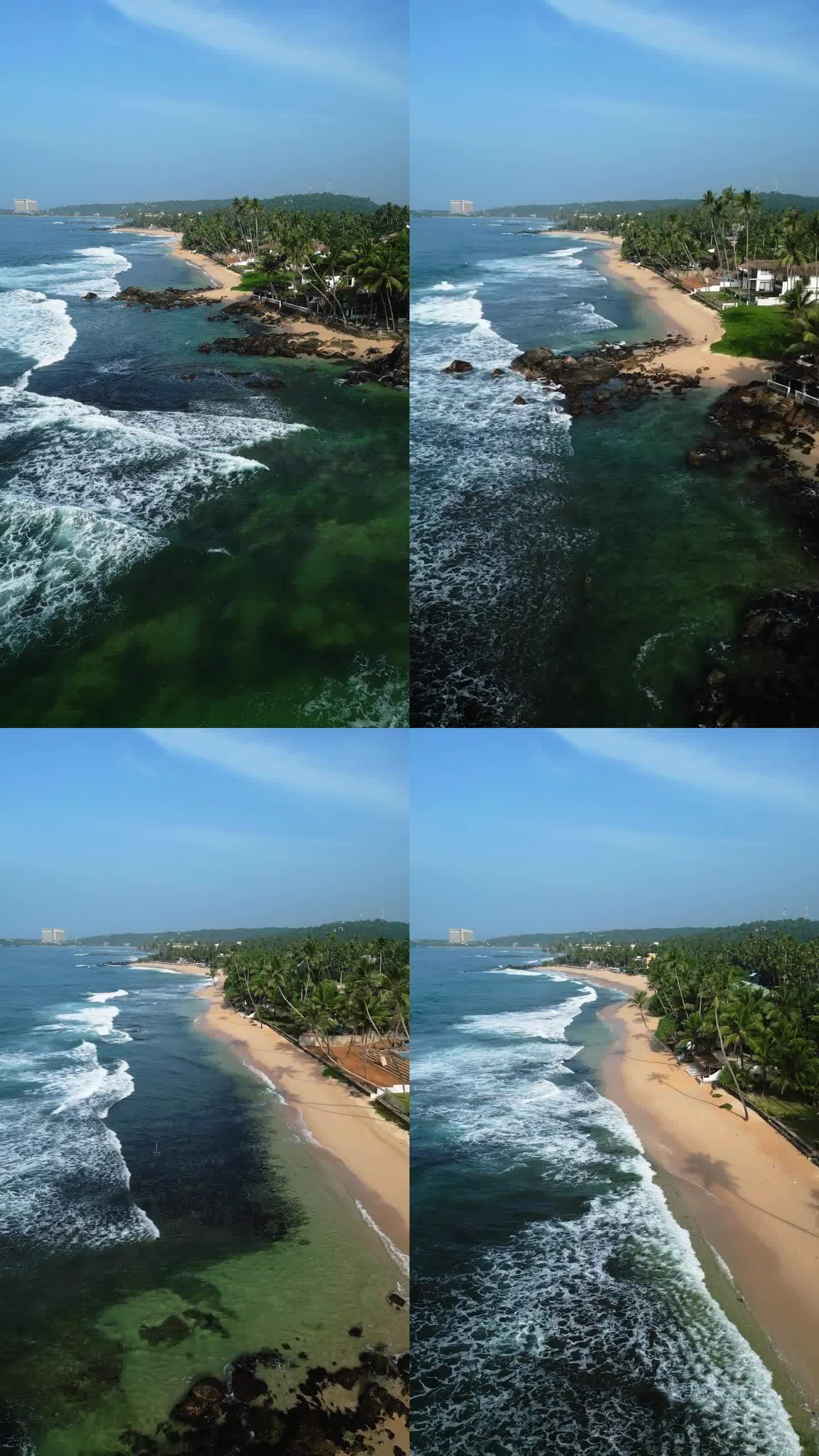 达拉韦拉海滩泻湖在斯里兰卡的鸟瞰图揭示了原始的海岸线，郁郁葱葱的棕榈树，令人振奋的冲浪，和宁静的绿松