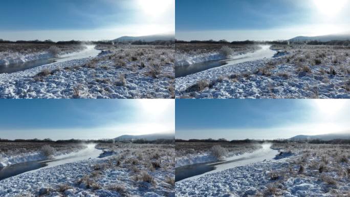 内蒙古国家森林公园寒冬冰河湿地冷雾