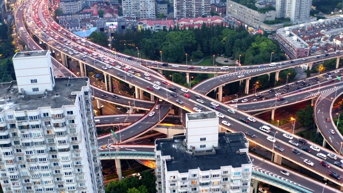 上海4K航拍立交高架交通车流高峰