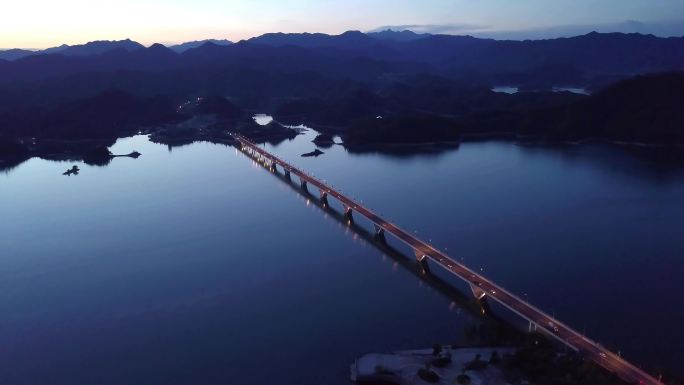 航拍千岛湖大桥夜景跨江大桥